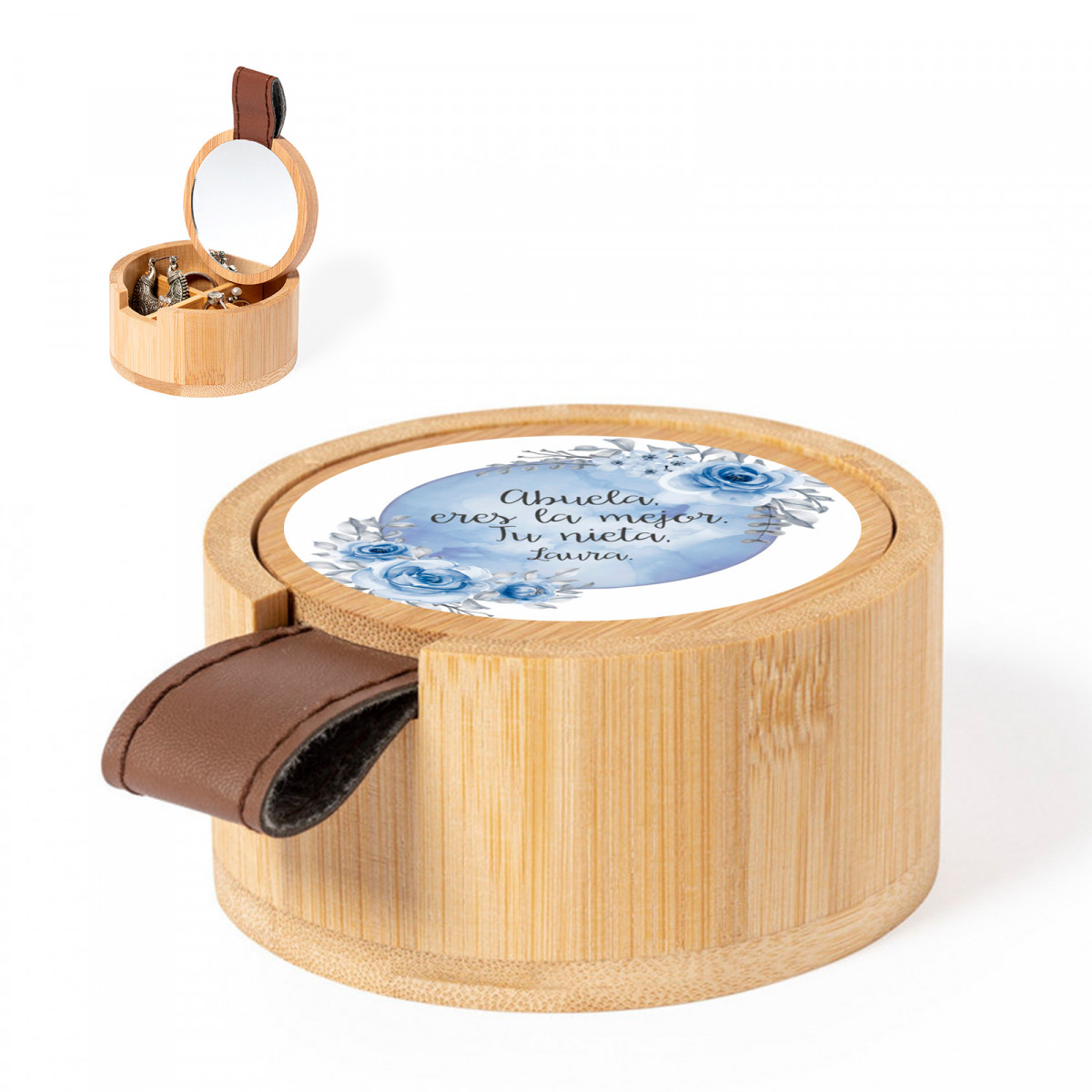 Boîte à bijoux en bois avec miroir et autocollant personnalisable pour les détails d'événements