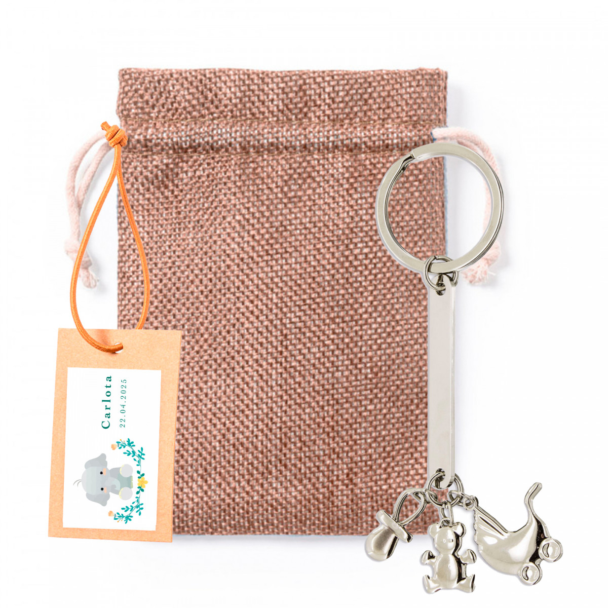 Porte-clé charm baptême dans un sac en tissu avec carte suspendue personnalisée à offrir