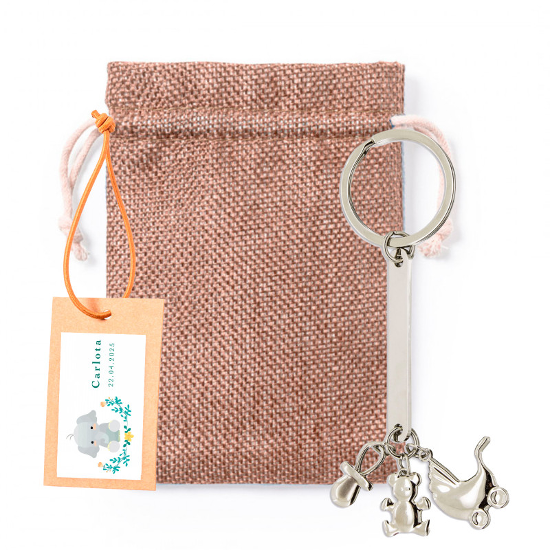 Porte-clé charm baptême dans un sac en tissu avec carte suspendue personnalisée à offrir