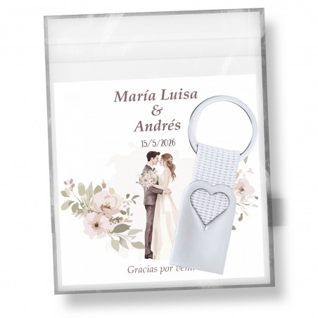 Porte-clés en aluminium découpé en forme de cœur avec ruban blanc et carte personnalisée de mariage