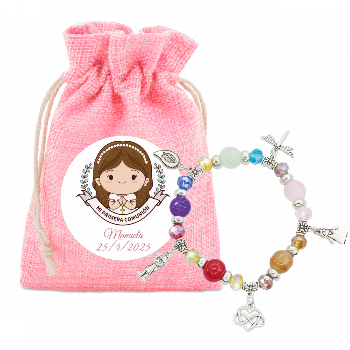 Bracelet avec des perles colorées et des charms dans un sac en tissu rose et un autocollant spécial pour la communion fille