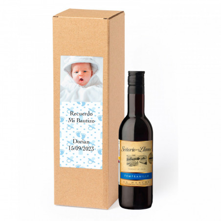Bouteille de vin en boîte avec autocollant de baptême avec photo personnalisable à offrir