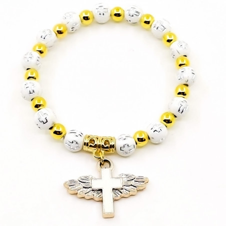 Bracelet élastique avec des perles blanches et dorées et pendentif en forme de croix avec des ailes Souvenir spécial pour les
