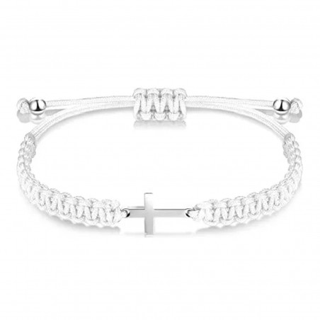 Bracelet réglable en fil blanc avec une croix métallique, élégance et symbolisme pour toutes les occasions