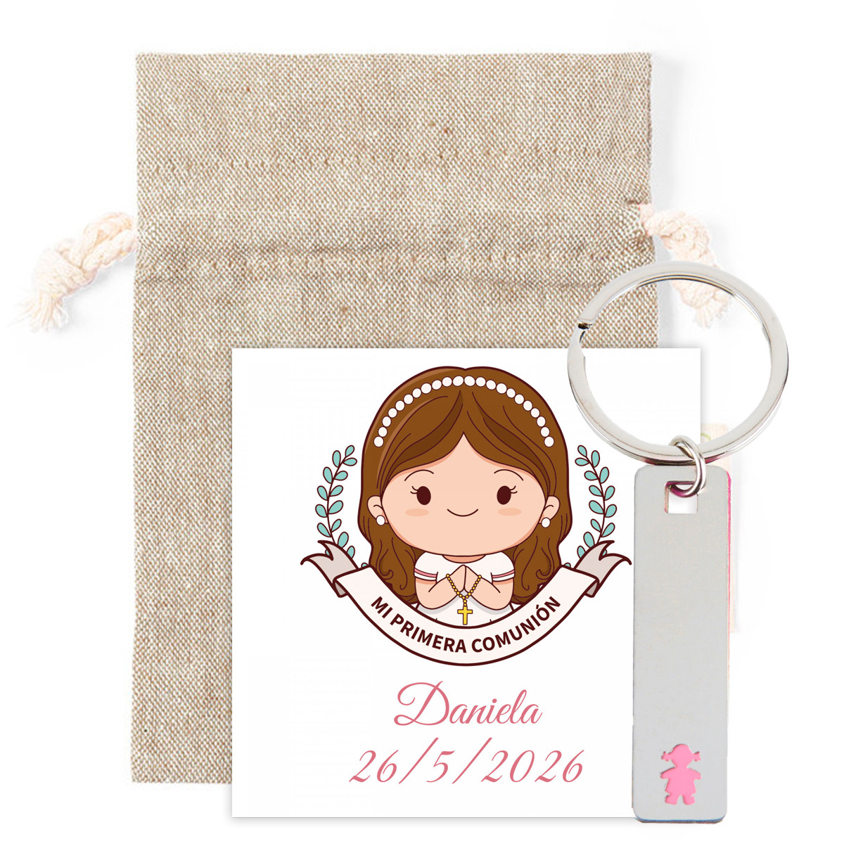 Porte-clés en métal fille dans un sac en toile naturelle avec carte de rappel de première communion personnalisée pour les