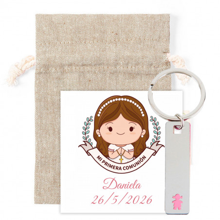 Porte-clés en métal fille dans un sac en toile naturelle avec carte de rappel de première communion personnalisée pour les
