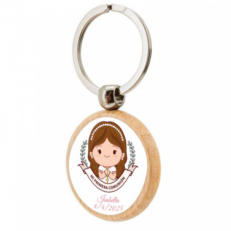 Porte-clés en bois avec autocollant de communion pour fille dans un sac kraft rose personnalisé pour les détails de la première