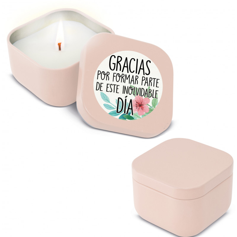Bougie parfumée dans une boîte en métal et autocollant de remerciement pour les détails des événements