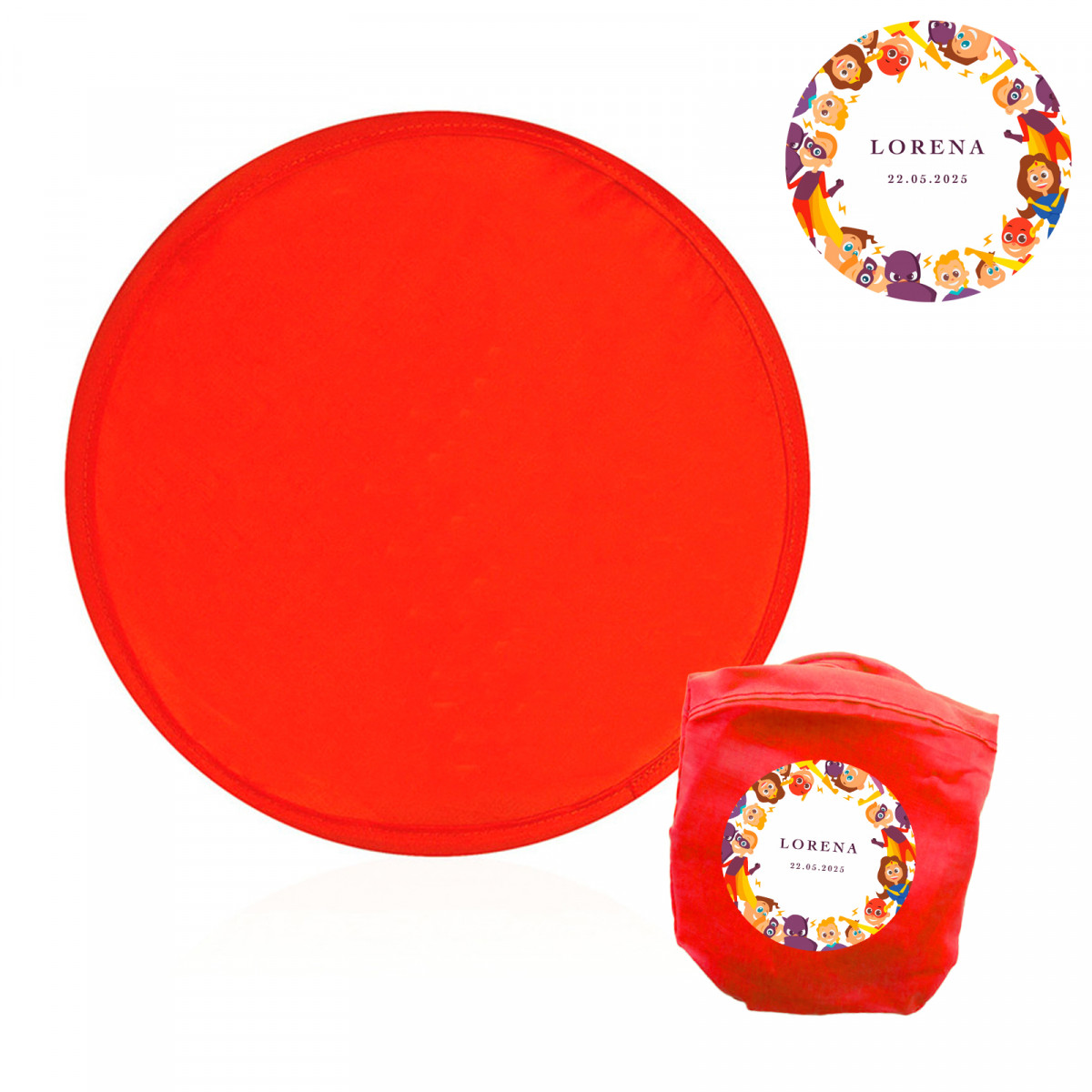 Frisbee en tissu pliable rouge avec un sac personnalisé de super-héros