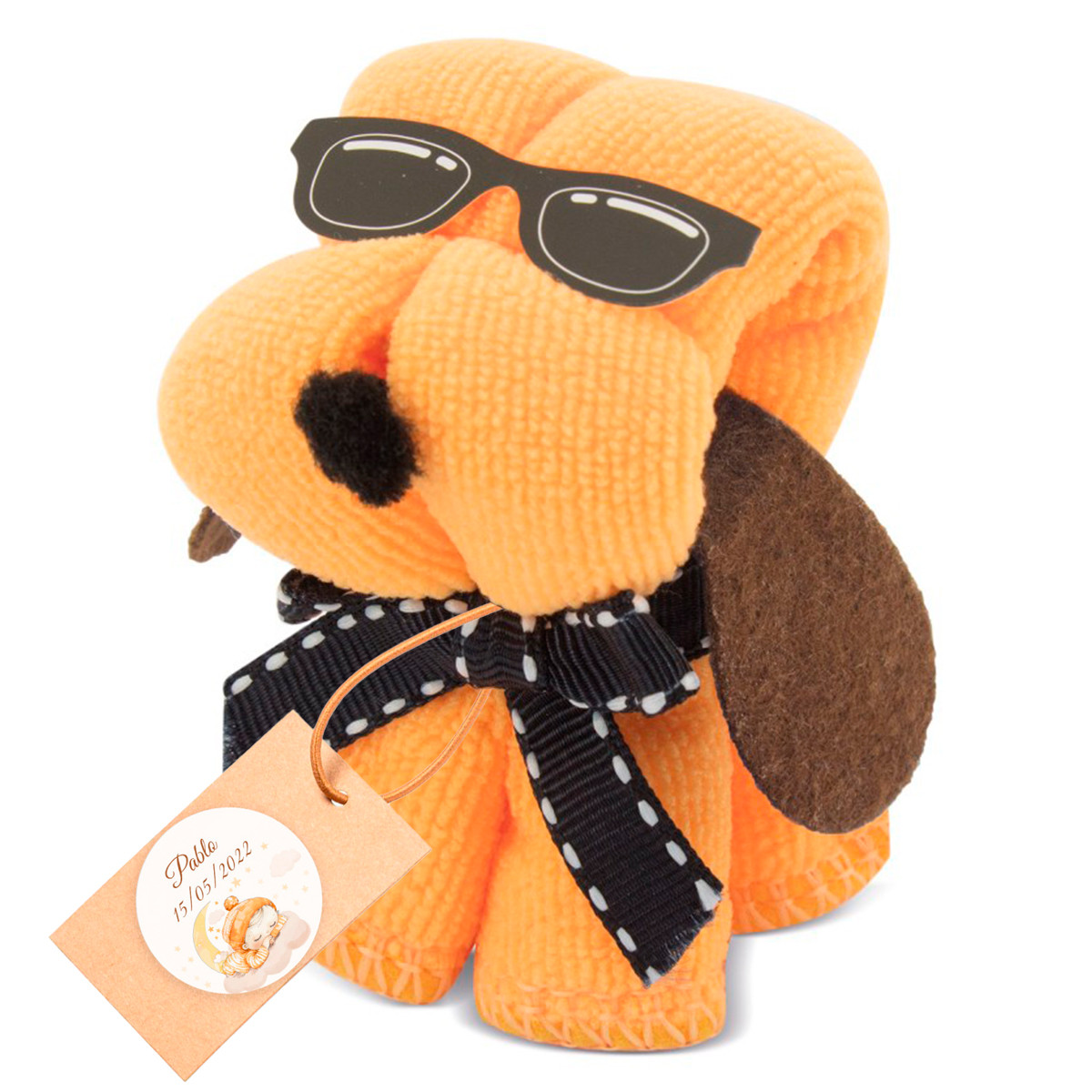 Serviette design chien avec carte suspendue personnalisée pour les détails des invités au baptême