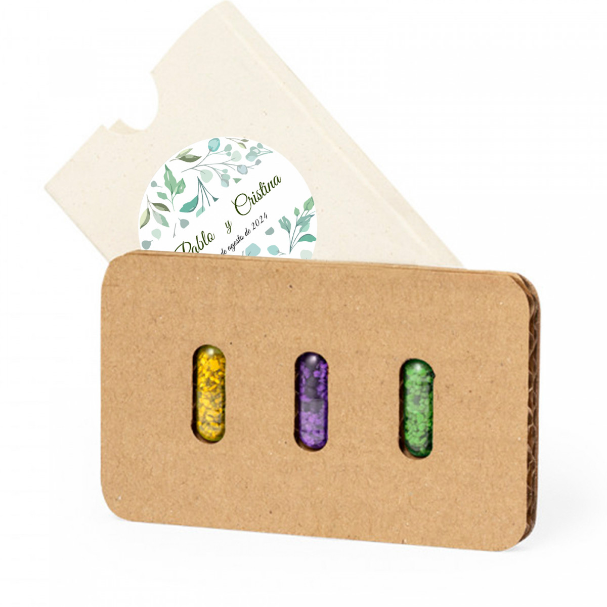Graine en capsules présentées dans un étui avec un autocollant personnalisable pour des détails écologiques