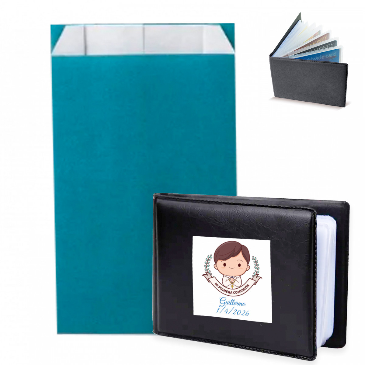 Porte-cartes avec adhésif Ma Première Communion dans une enveloppe kraft bleue à offrir