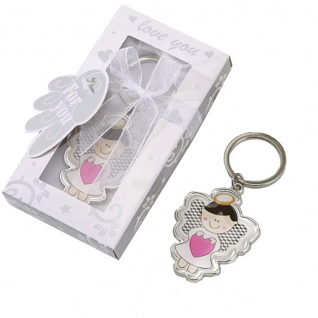 Porte-clés petit ange avec coeur dans une boîte cadeau