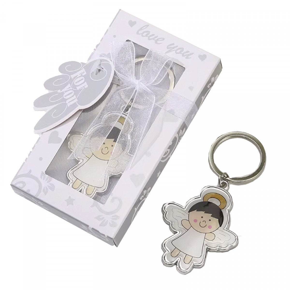Porte-clés ange souriant avec ailes présenté dans une boîte cadeau