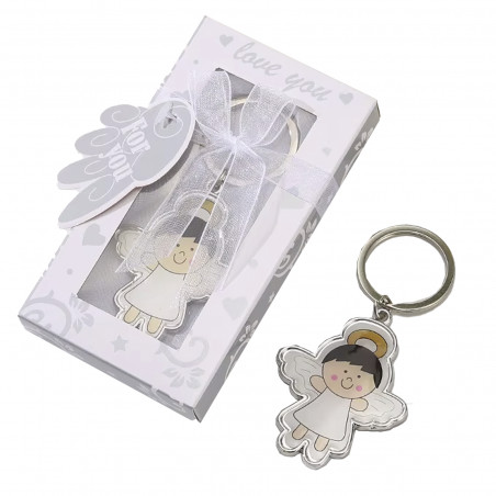Porte-clés ange souriant avec ailes présenté dans une boîte cadeau