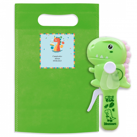 Ventilateur manuel avec design de dinosaure dans un sac personnalisé pour anniversaire