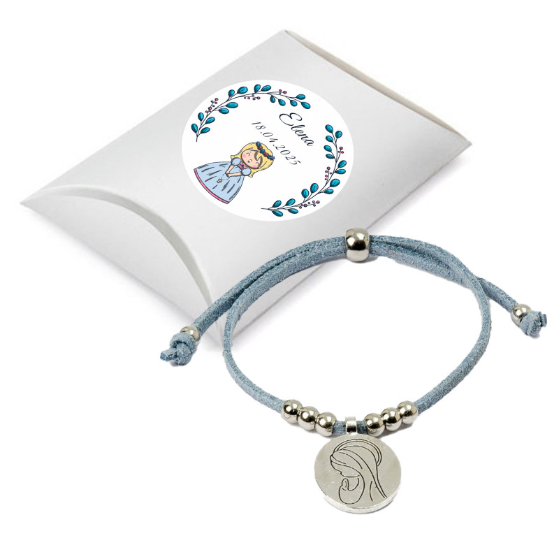 Bracelet avec médaille de la Vierge Marie dans un étui personnalisé avec un autocollant pour la communion d'une fille