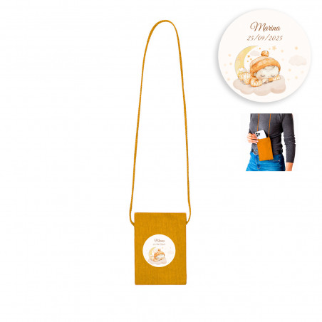 Trousse couleur moutarde avec longue anse personnalisée avec un autocollant de bébé