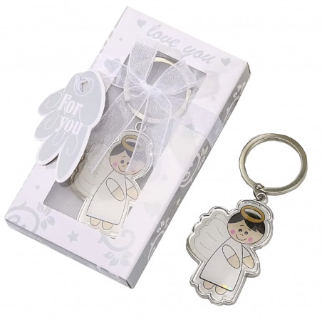 Porte-clés ange souriant dans une boîte cadeau