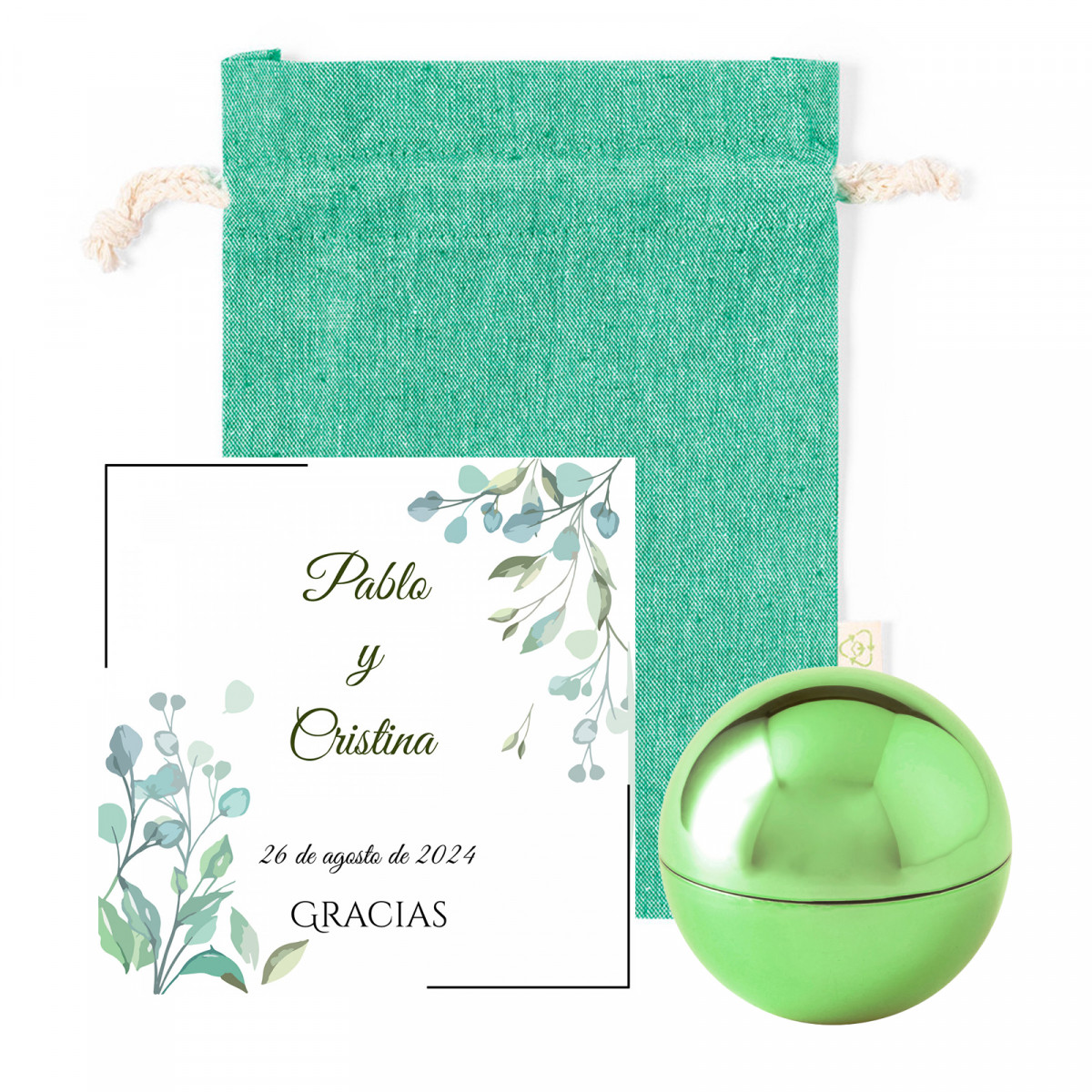 Baume à lèvres sphérique vert avec carte de rappel personnalisée dans un sac en coton pour les détails