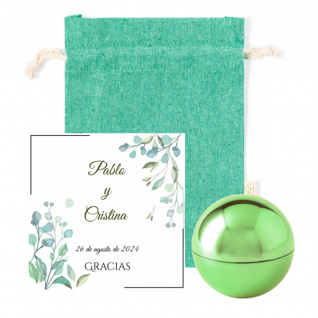Baume à lèvres sphérique vert avec carte de rappel personnalisée dans un sac en coton pour les détails