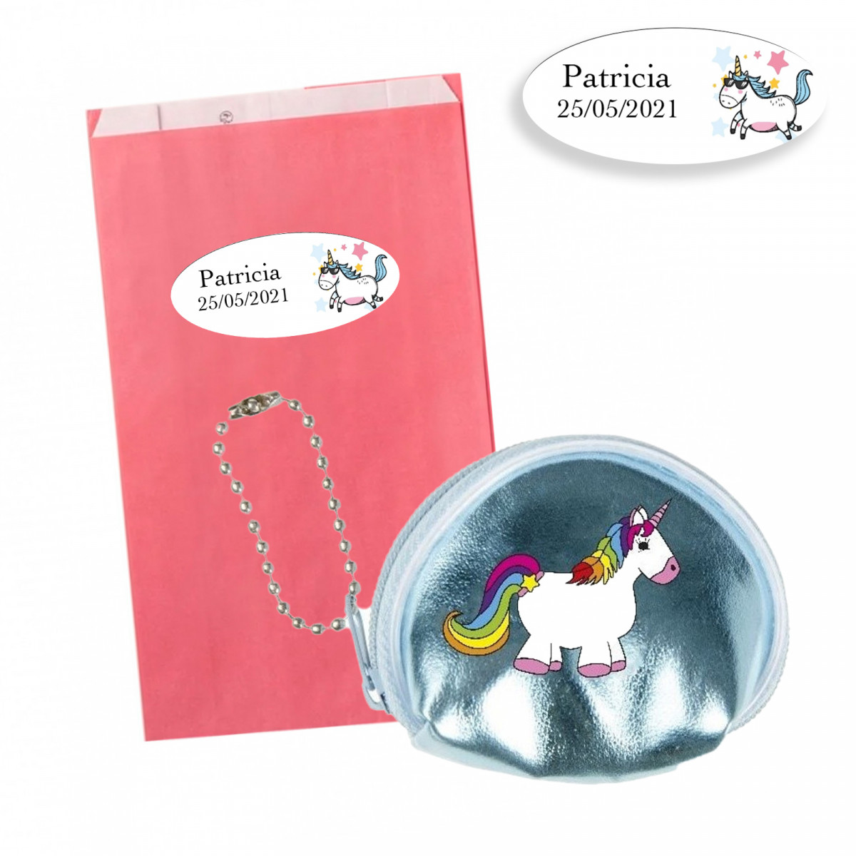 Porte-monnaie mini brillant licorne dans une enveloppe rose avec autocollant personnalisé à offrir