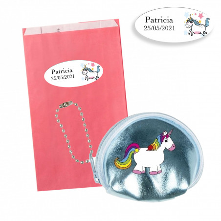 Porte-monnaie mini brillant licorne dans une enveloppe rose avec autocollant personnalisé à offrir