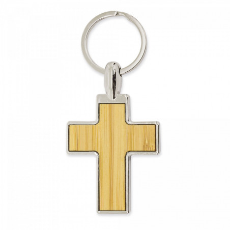 Porte-clés croix en bois métallique dans une élégante boîte avec autocollant première communion