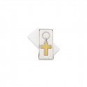 Porte-clés croix en bois métallique dans une élégante boîte avec autocollant première communion