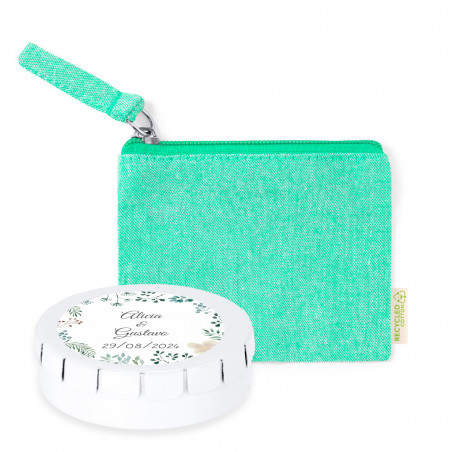 Bonbons sans sucre dans une boîte métallique personnalisée et portefeuille vert pour les détails des invités