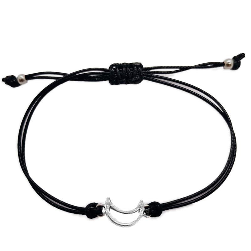 Bracelet cordon noir avec lune métallique pour cadeau