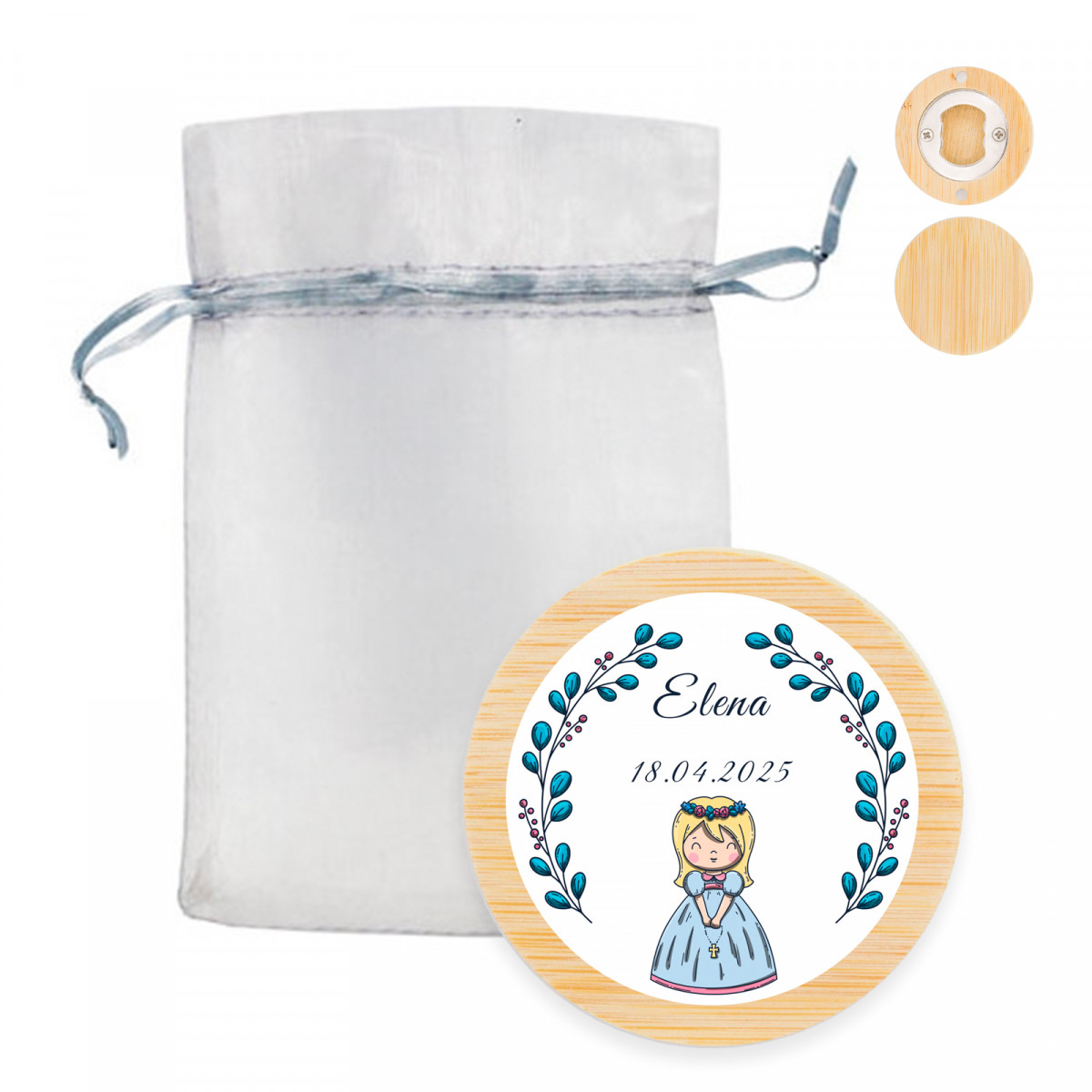 Ouvre-bouteille magnétique avec adhésif première communion fille dans un délicat sac en organza argenté à offrir