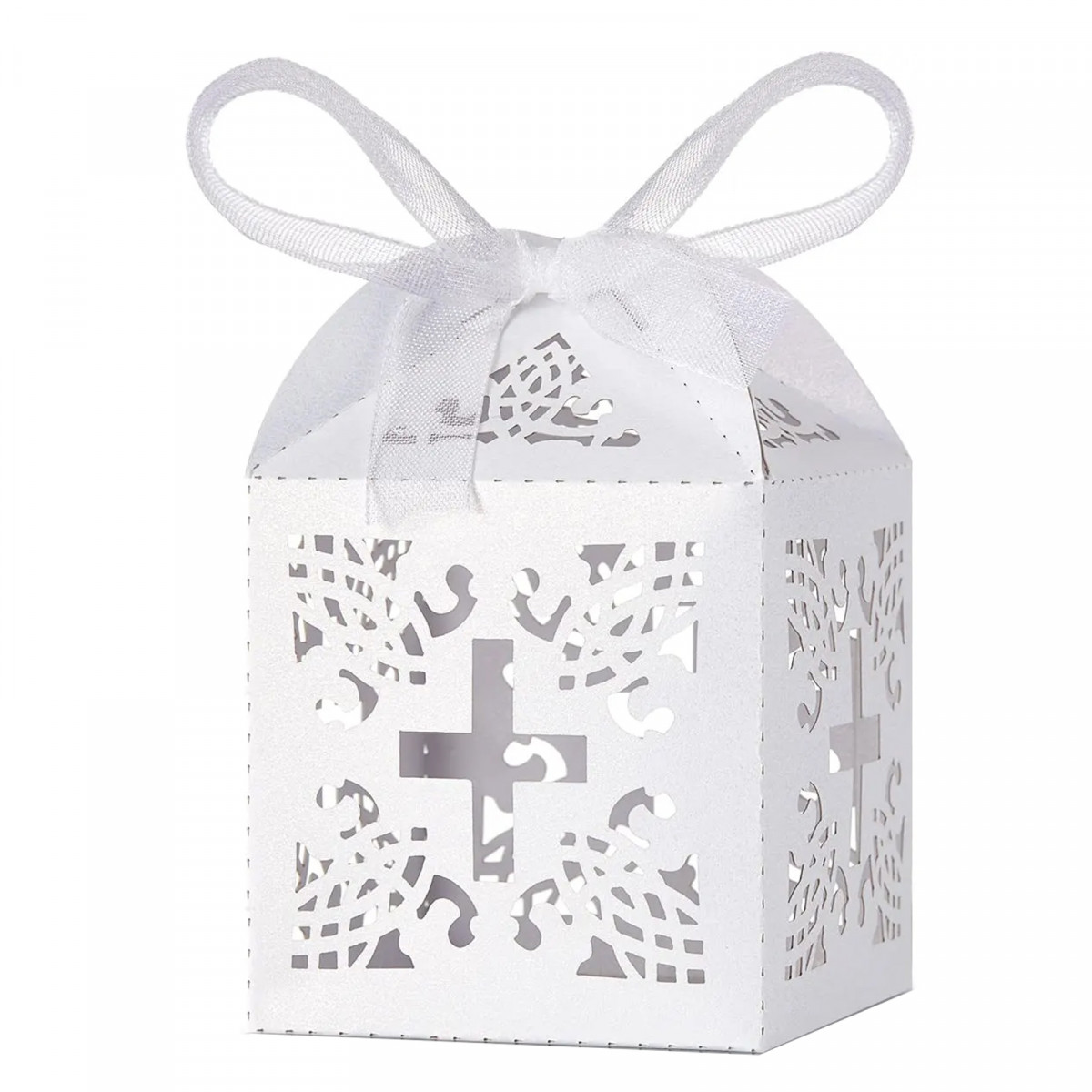 Boîte blanche découpée avec croix et fermeture en ruban blanc