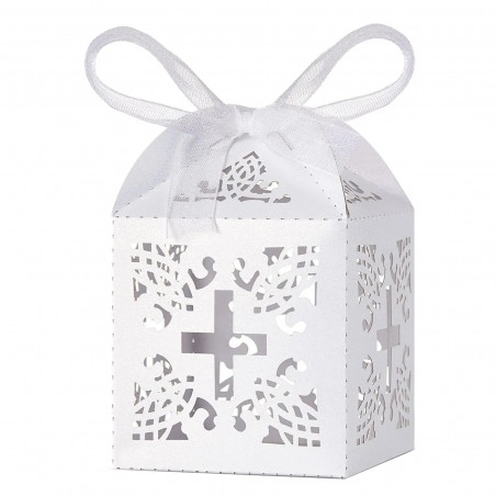 Boîte blanche découpée avec croix et fermeture en ruban blanc