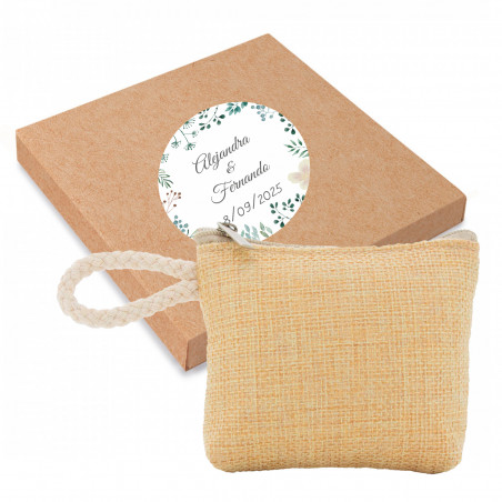 Porte-monnaie avec cordon dans une boîte avec autocollant floral personnalisable pour les détails