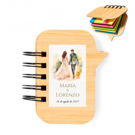 Bloc-notes avec anneaux et couverture en bambou avec autocollant personnalisable de mariés pour les détails de mariage