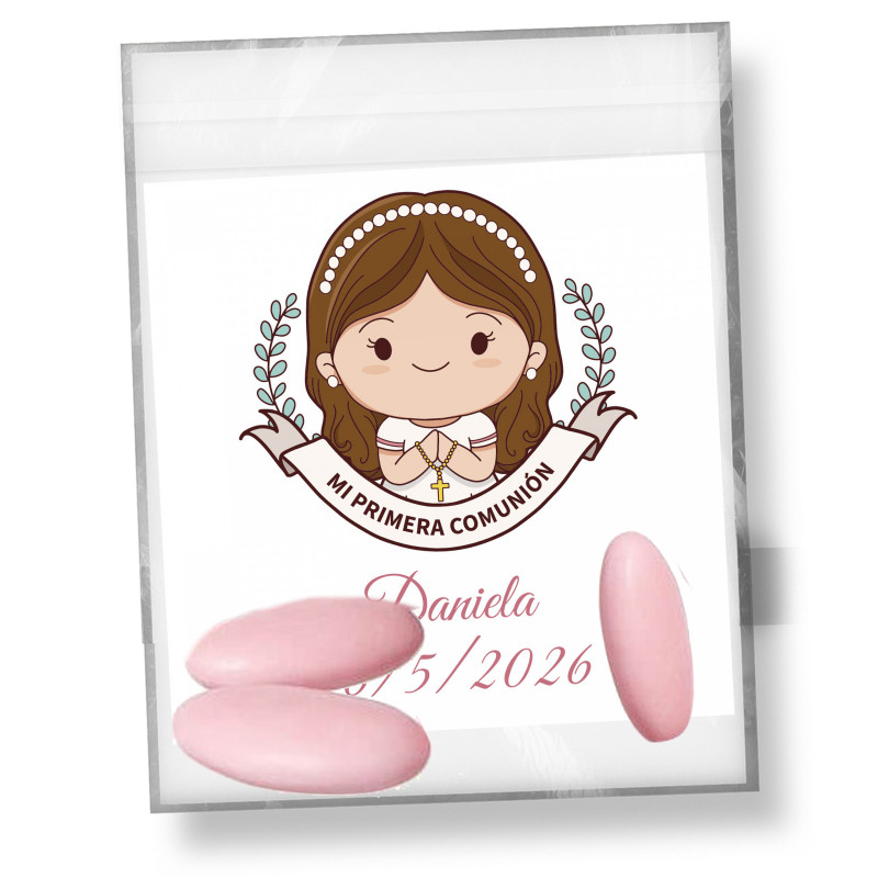 Pelotons de chocolat avec couverture rose 3 unités dans un sac avec carte souvenir communion fille