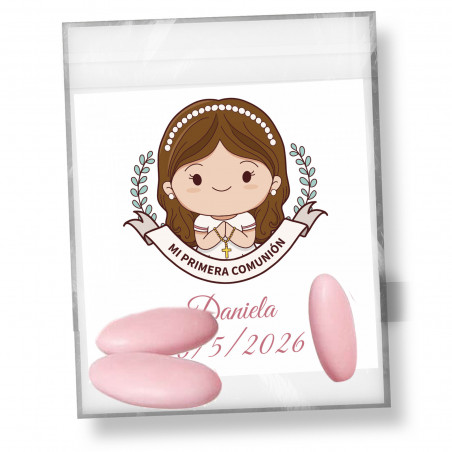 Pelotons de chocolat avec couverture rose 3 unités dans un sac avec carte souvenir communion fille