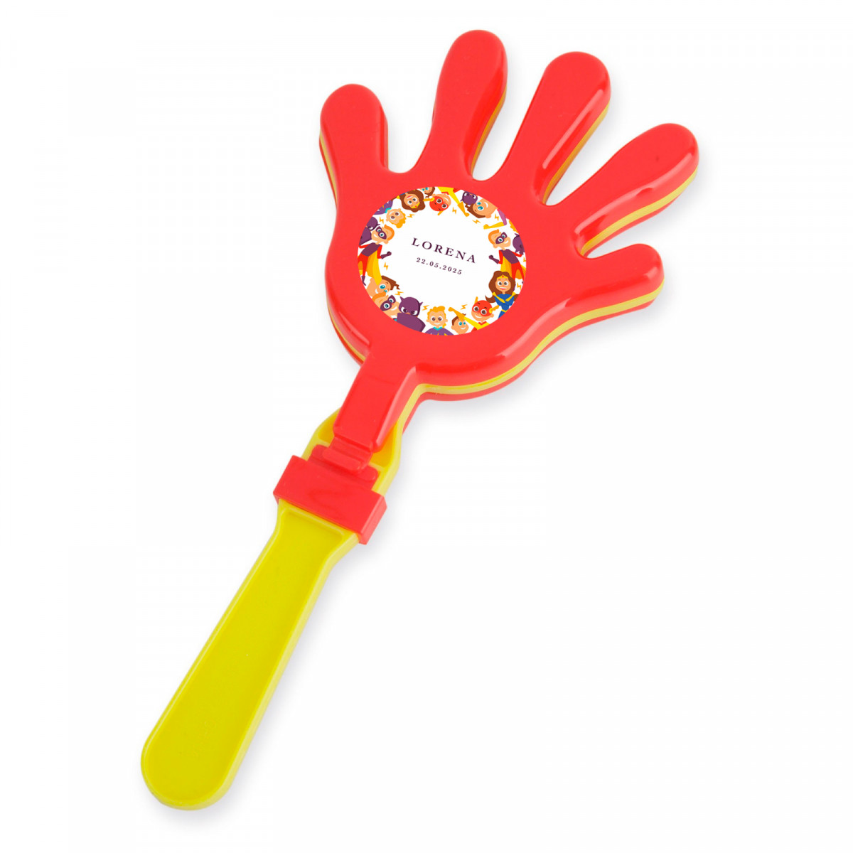 Palmeur rouge et jaune personnalisé avec autocollant de super-héros pour un détail enfantin
