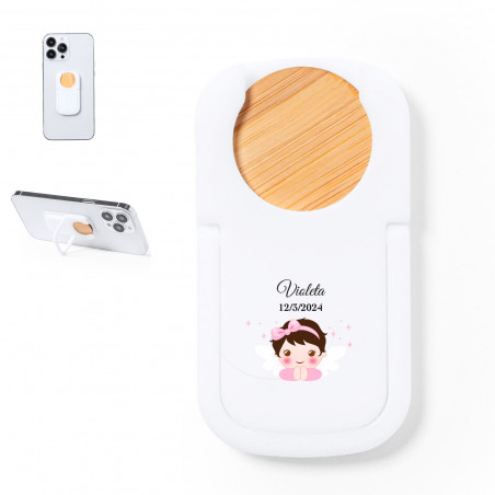 Support pour mobile avec pièce en bambou et autocollant de baptême design ange rose pour les détails des invités