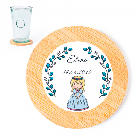 Sous-verres en bambou avec autocollant première communion fille pour cadeaux d'invités