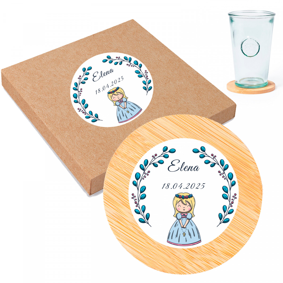 Sous-verres en bambou avec autocollant première communion fille pour cadeaux d'invités