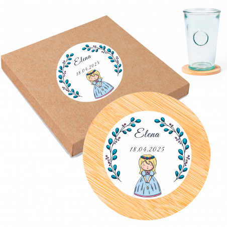 Sous-verres en bambou avec autocollant première communion fille pour cadeaux d'invités