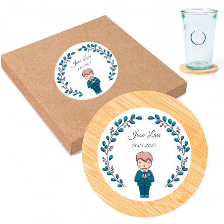 Sous-verres en bambou avec autocollant première communion garçon pour cadeaux d'invités