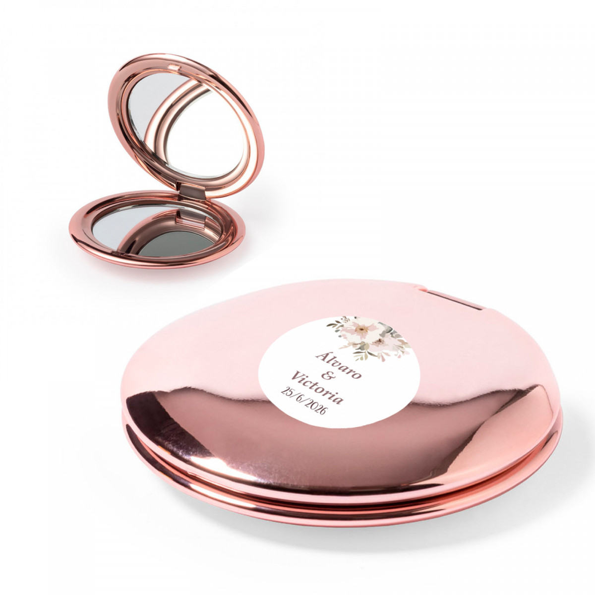 Miroir double rond rose métallisé avec autocollant floral de 2 cm pour les détails des invités