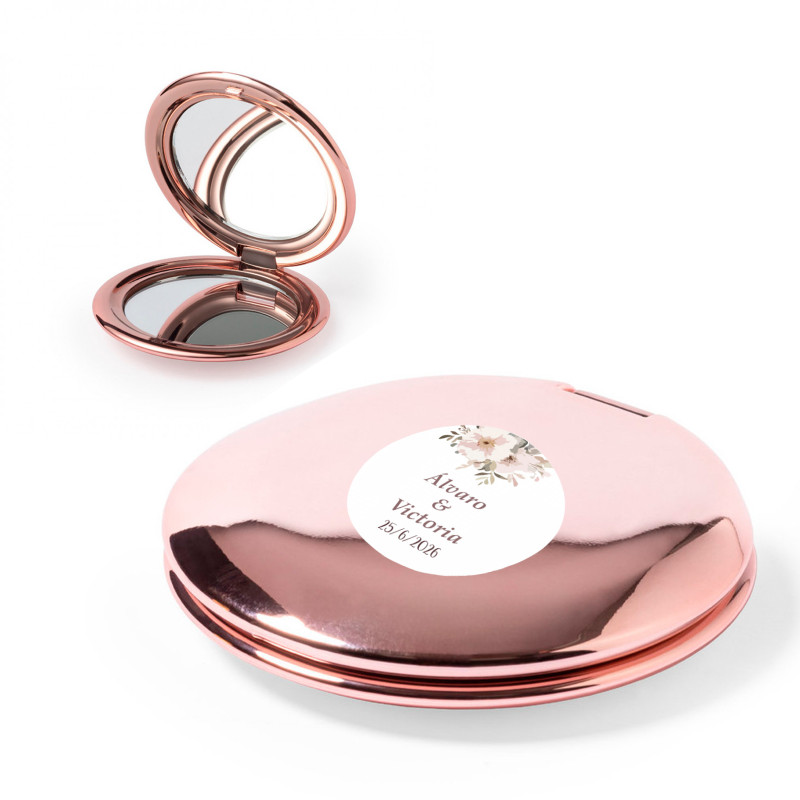 Miroir double rond rose métallisé avec autocollant floral de 2 cm pour les détails des invités