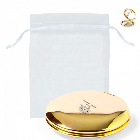 Miroir double doré métallisé avec adhésif transparent floral dans un sac en organza à offrir