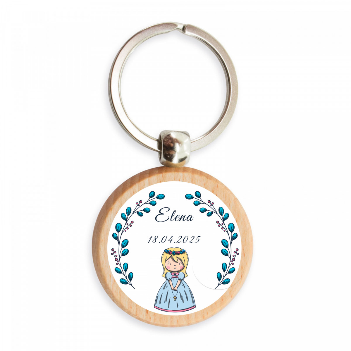 Porte-clés en bambou avec un adorable autocollant personnalisable pour des souvenirs de première communion pour fille
