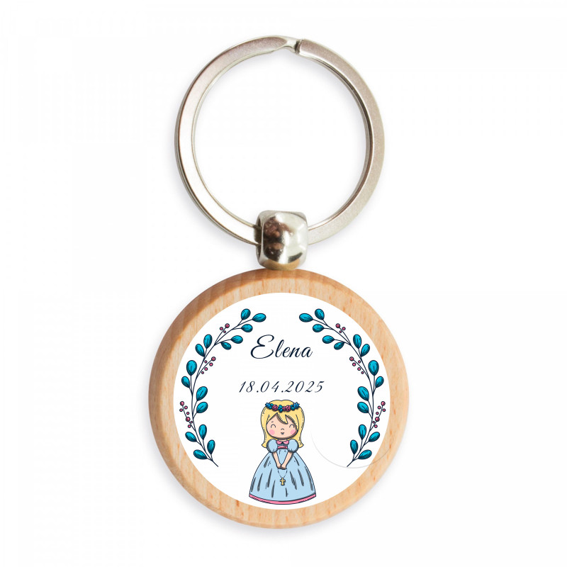 Porte-clés en bambou avec un adorable autocollant personnalisable pour des souvenirs de première communion pour fille