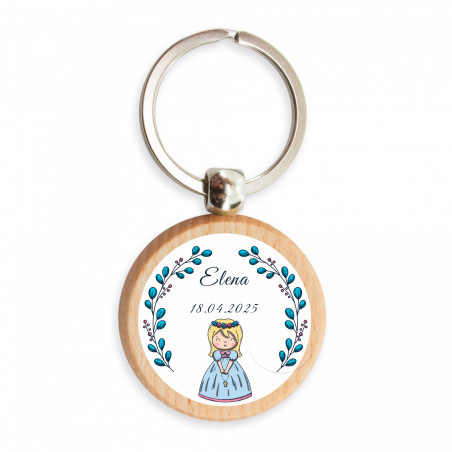 Porte-clés en bambou avec un adorable autocollant personnalisable pour des souvenirs de première communion pour fille